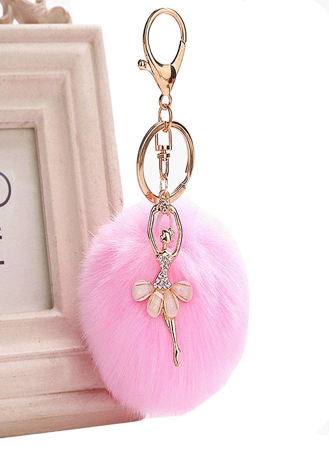 VesipaFly Faux Fox Fur Pom Pom Ball Keychain with Ballet Dancer Purse Bag Charm Fluffy Ball Key Chain for Women Bag or Cellphone or Car Pendant (Pink) - Image 1